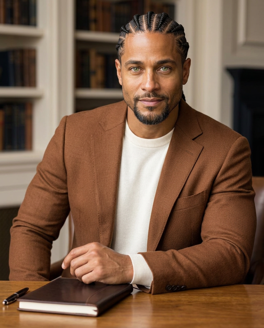 Fictional author Dr. Malcolm Reed seated thoughtfully with a notebook in a warm reading room